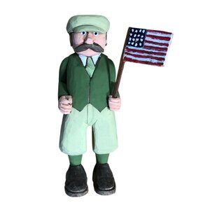 Hand-Carved Wooden Man Patriotic Figurine Holding American Flag Green Folk Art